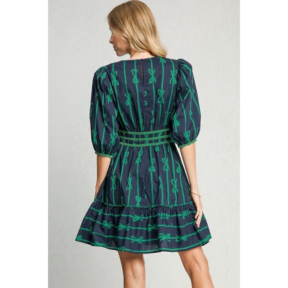 NFS Umgee Bow Print Frill Contrast Velvet Trim Half Sleeve Dress - Picture 2 of 4